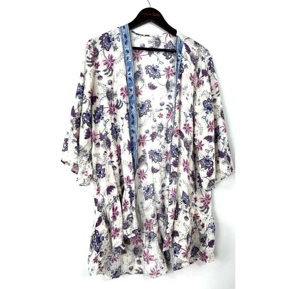 Maurices Womens Floral Cream Open Front Lightweight Cardigan Kimono Sz L 1335U2 - Picture 2 of 12